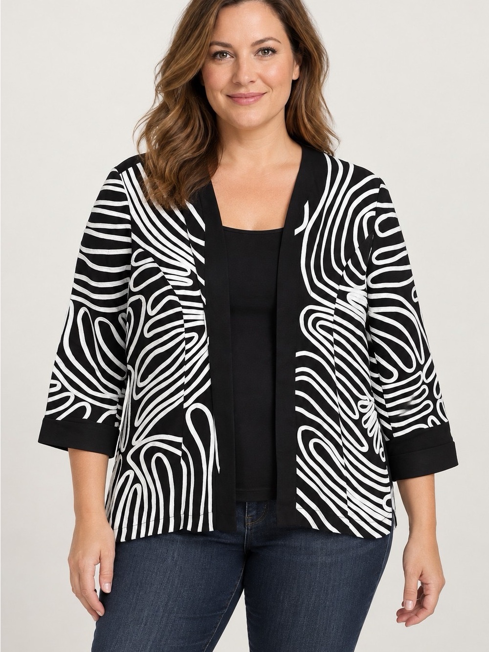 Chico's Black & White Abstract Open-Front Jacket